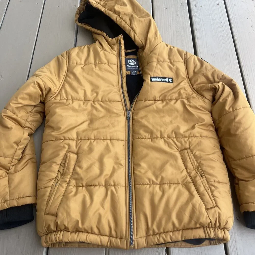 TIMBERLAND Boys Puffer Jacket Tan Hooded Winter Full Zipper Size Large (14-16)